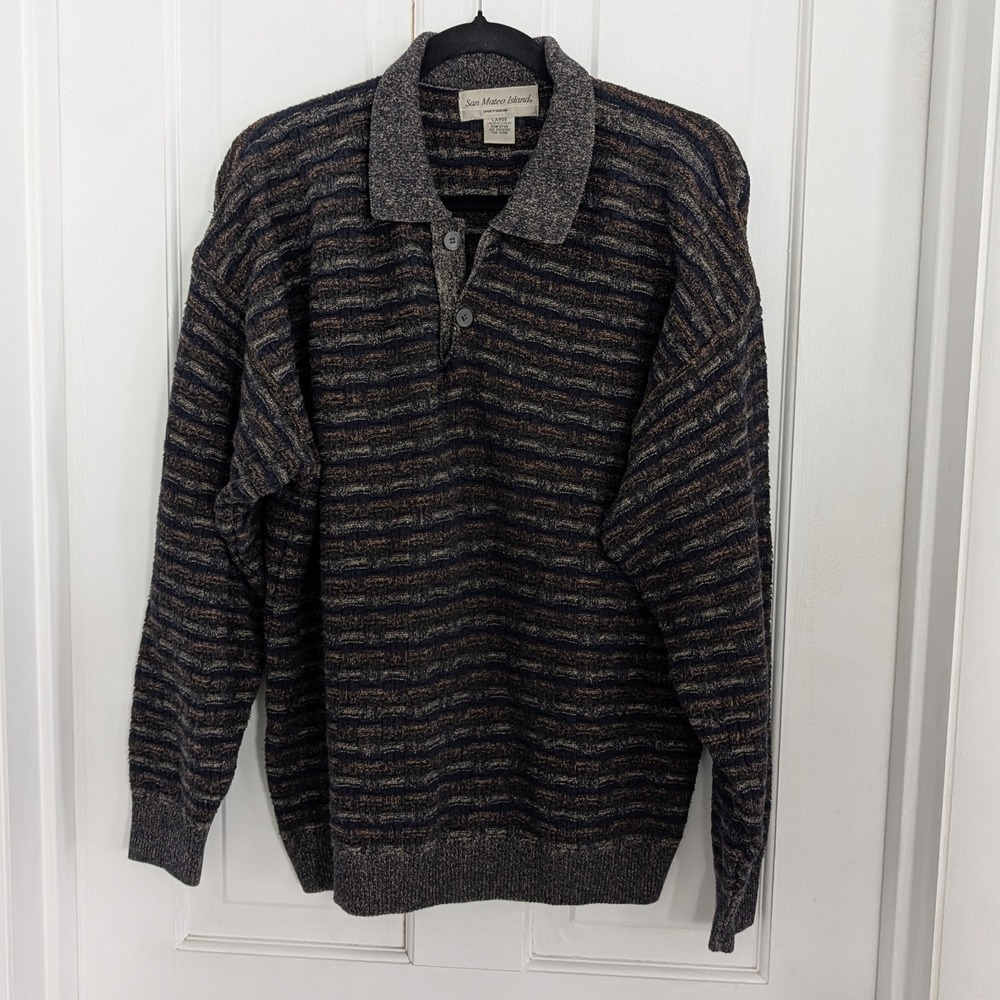 Vintage San Mateo Island Mens‎ 3D Henley Sweater LARGE Textured Collar